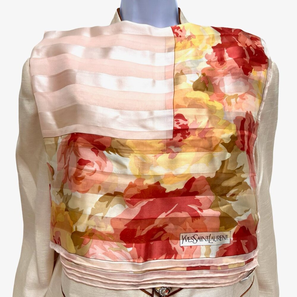 Yves Saint Laurent Scarf Chiffon/Satin Lg 34" 100% Silk light pink Floral (31 - Picture 4 of 13